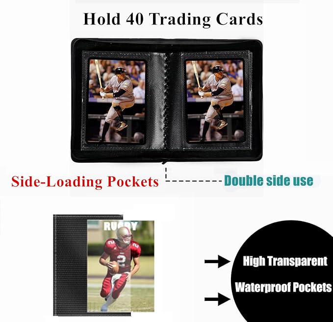 Ringless Card Binder for Trading Cards - 40 Pocket Side-Loading Card Album with 20 Sleeves, Lightweight Zipper Storage Folders for TCG, MTG, Sports Cards (Baseball, Football) (Black)