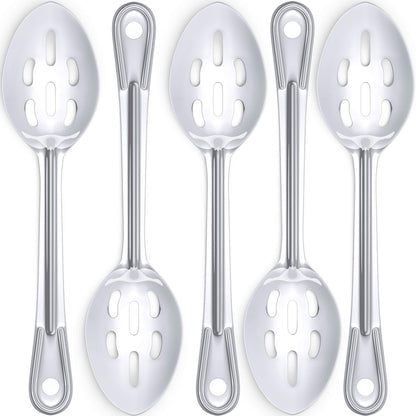 Super Strong, Ergonomic 11 in Serving Spoon 5 Pk. Big, Slotted Stainless Steel Spoons for Cooking, Baking and Basting. Best Kitchen Flatware for Buffet and Banquet Service in Restaurants and Homes