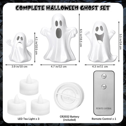 Aneco Ceramic Ghost Light Up Decor Halloween Ghost Decor 3 Ceramic Ghosts Figurines with Remote Control, 3 Tea Lights Spooky Ghosts Sculpture for Halloween Home Table Decorations