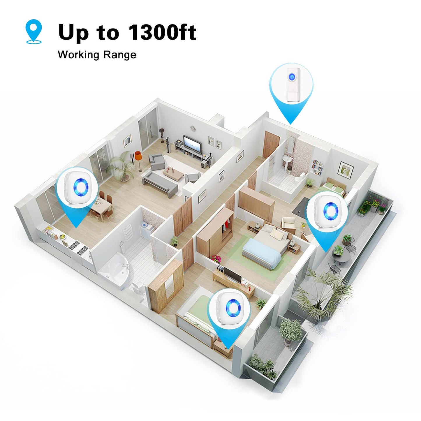 Wireless Doorbell, PHYSEN Waterproof Door bell Chime Kit Operating at 1300-ft Range 58 Adjustable Melodies 5 Volume Levels & LED Flash, Doorbell Alarm for Home/Classroom, 2 Push Buttons+4 Receivers