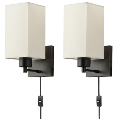 KOONTING® Plug in Wall Sconce Set of 2, Rustic Wall Lamp with Plug-in Cord and On/Off Toggle Switch, Beige Fabric Shade Wall Light Fixture for Headboard Bedroom Living Room Hallway