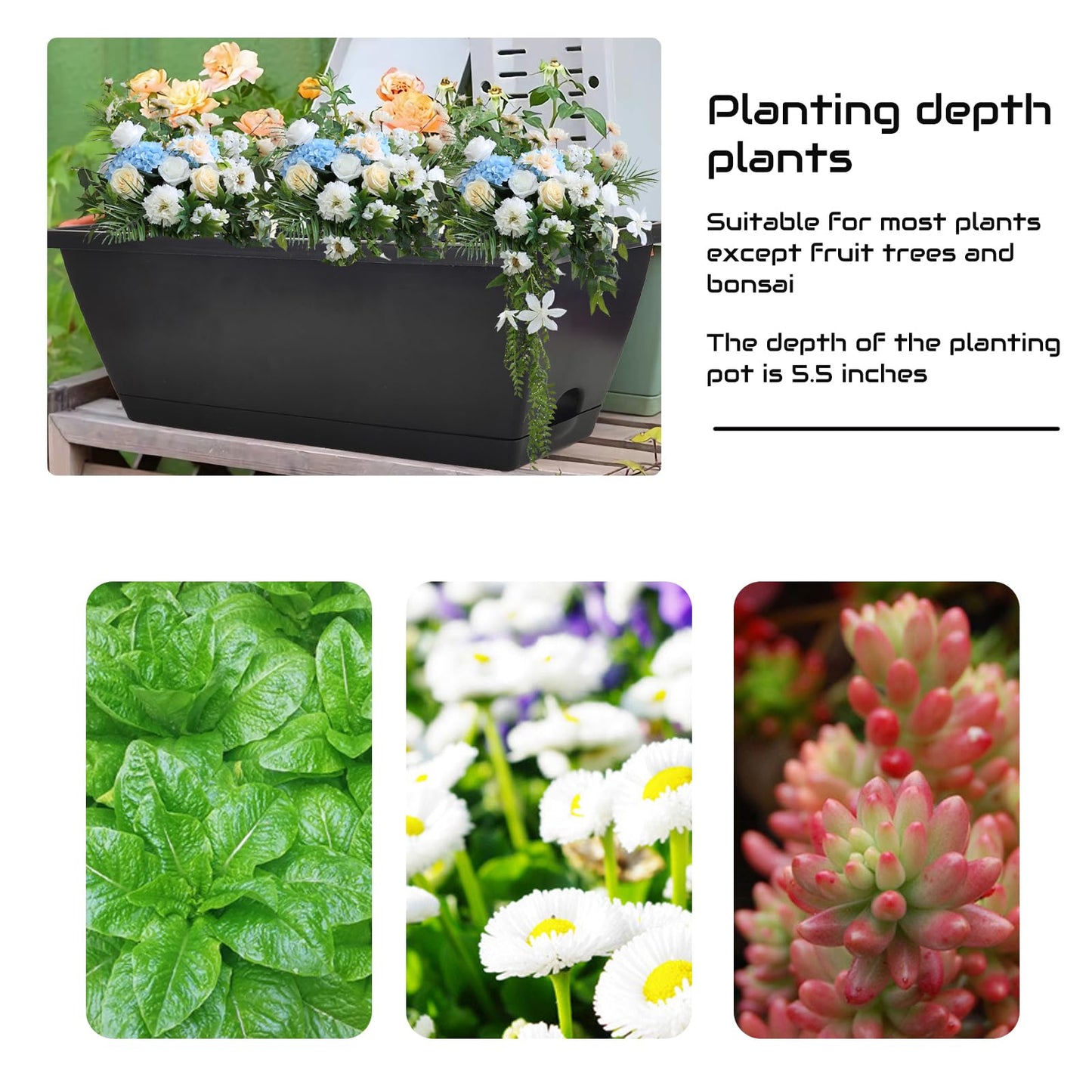QPEY Window Box Planter, 10 Pack 17 Inch Plastic Flower Box with Tray Rectangular Planters for Outdoor Indoor Plants Garden Home Decor (Black)