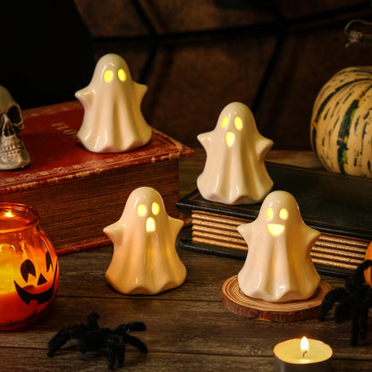4PCS Ceramic Ghost Light Up Decor, Cute Ghost Halloween Decor, Small White Ghost Figurine Timer Led Ghost Figurines for Desk Tabletop Centerpieces，Halloween Decoration Indoor