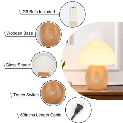BNYFDC Mushroom Lamp with Touch Control Switch, Small Wooden Table Lamp with Glass Shade, 3 Way Dimmable Nightstand Lamp for Bedroom, G9 LED Bulb Included (Nature Wood&Opal White Glass Shade)