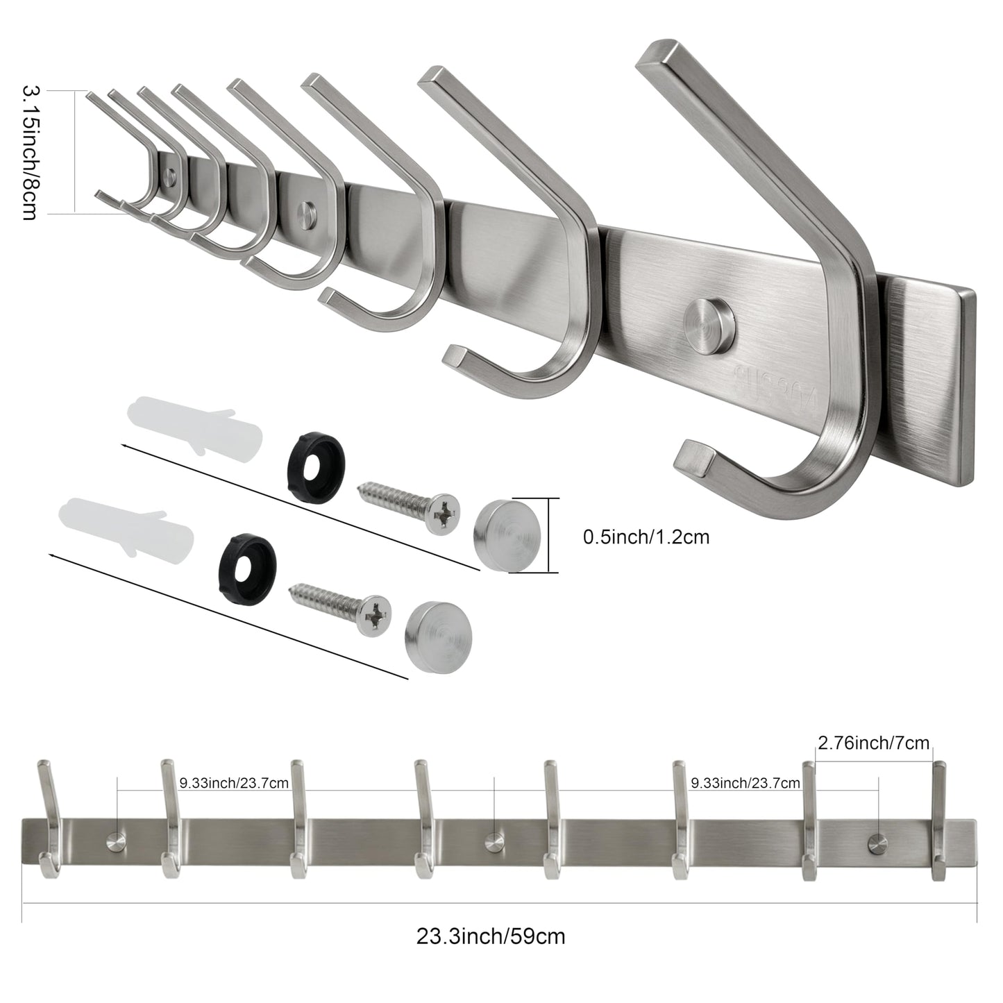 WEBI Heavy Duty 24 Inch SUS 304 Coat Bath Towel Hook Hanger Rail Bar with 8 Hooks,Brushed Finish,for Bedroom,Foyers,Hallways Home Office Storage Organization, C-CBG08