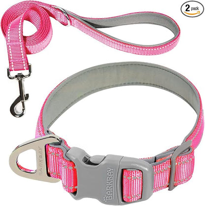 Dog Collar for Medium Small Large Dogs Reflective with Leash,Collar and Leash for Dogs,Soft Neoprene Padded 2 Pack(Pink,M)