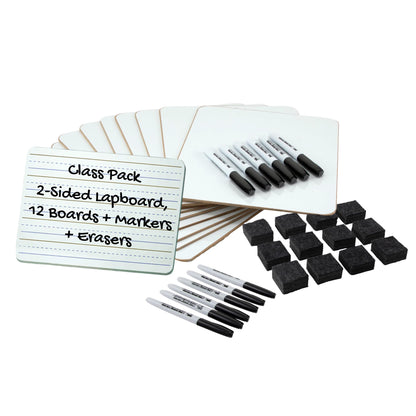 Charles Leonard Dry Erase Board Class Pack - Includes 12 Plain/Lined 2-Sided Boards, 12 Erasers and 12 Black Markers, in a Re-Useable Box (35030)