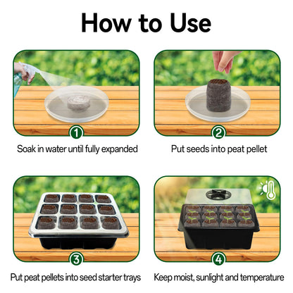 Halatool 8 Pack Seed Starter Tray with 100 PCS Peat Pellets, 96 Cells Black Seeding Starter Trays for Organic Seed Starter Soil Pods for Planting Vegetables Plants Flowers - Starting Seeds Kit