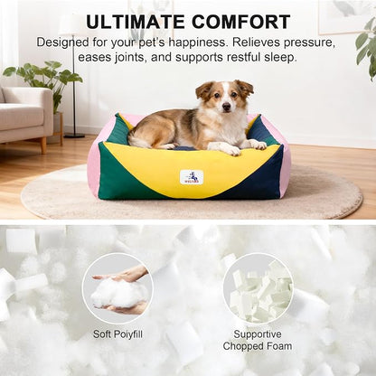 Cotton Canvas Dog Bed, Pink Dog Bed Medium Size Dog, 30"x25"x10" Puppy Bed with Washable Removable Cover, Durable 290 GSM Cotton Anti-Chewing Pet Bed with Anti-Slip Bottom, Pink&Yellow&Green