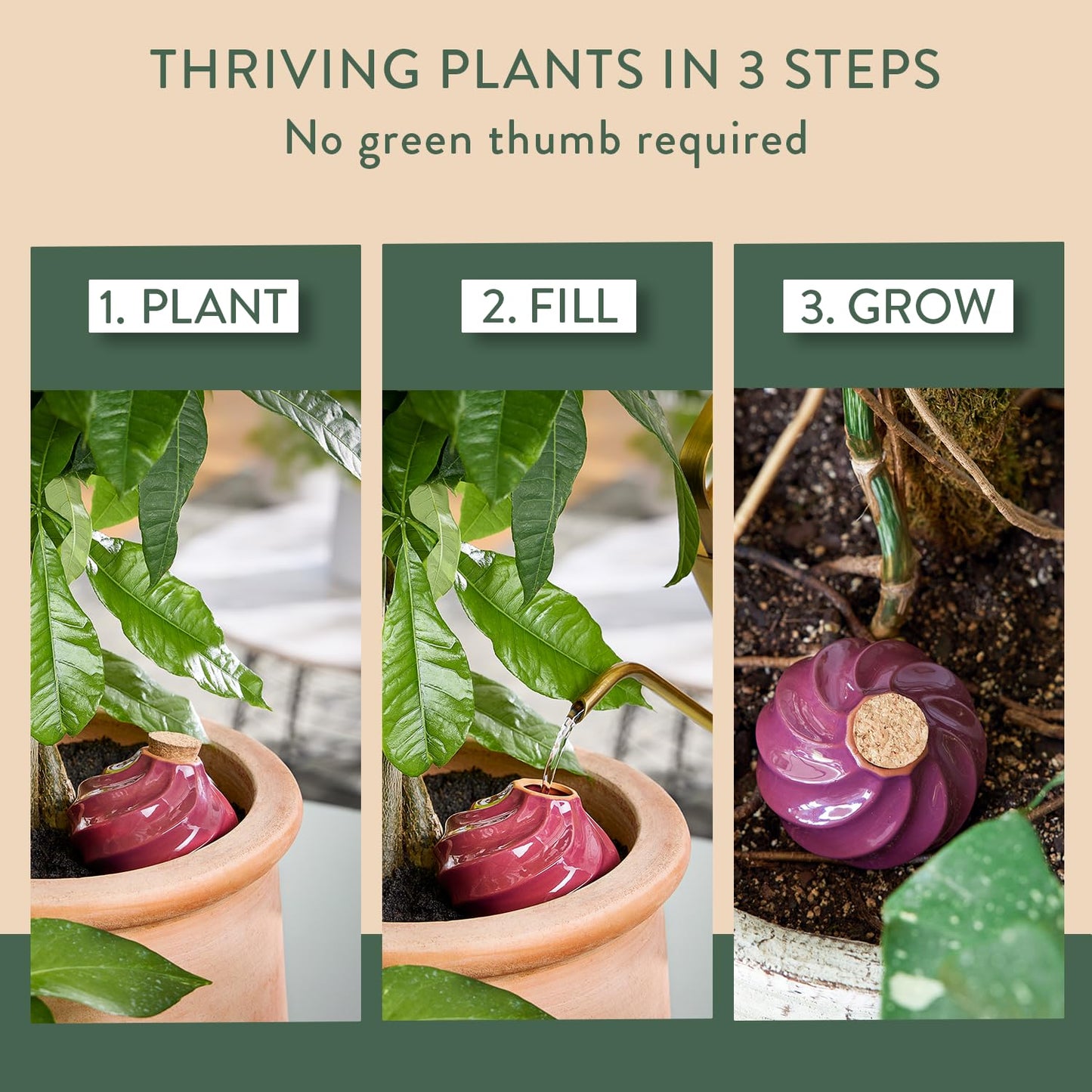 Modern Sprout Terracotta Self Watering Bulbs for Indoor Plants, 10oz Plant Watering Globes 3 Pack, Glazed Finish with Cork Top - Plum, Sage & Mustard, Decorative Plant Accessories Gift for Mom,Grandma