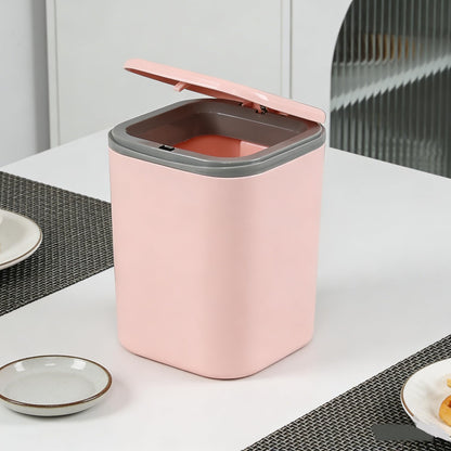Yesdate Mini Desk Trash Can Press Type Lid, 2 L/0.5 Gallon Tiny Countertop Waste Basket, Plastic Covered Garbage Bin for Desk Top, Pink