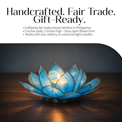 OM Gallery Gemstone Lotus Tealight Holder - Handcrafted Capiz Shell Design for Soft Glow, Elegant Home & Table Decor, Wedding Centerpieces, Votive Candle Styling, and Thoughtful Gifting - Turquoise