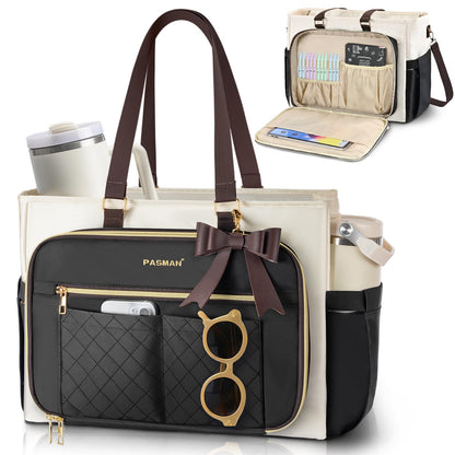 Teacher Tote Bag for Women,Multi-Pocket Laptop & Nurse Work Bag with Cup Holder,Structured Business Briefcase Computer Purse