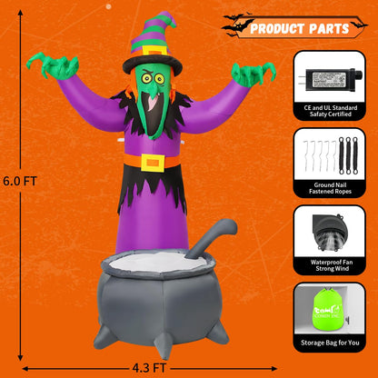 COMIN 6FT Halloween Inflatables Animated Witch Waving Hands Blow Up Outdoor Yard Decorations Garden Lawn Decor