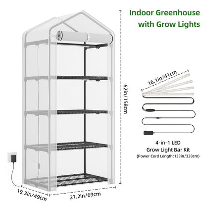 Superlele Mini Greenhouse with Grow Light, 4 Tier Greenhouse for Indoor Outdoor, 27"x19"x62" Portable Plant Green House with 4pcs LED Grow Light, Grow Tent for Seedlings, Flowers & Herbs, White