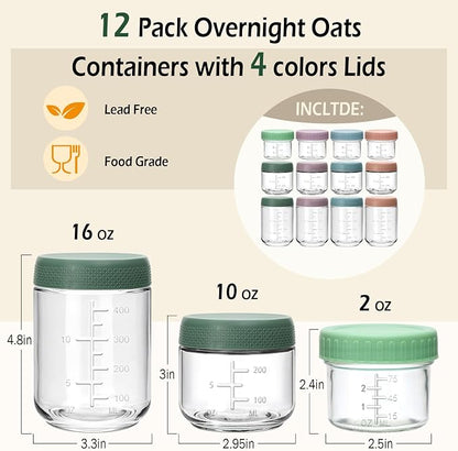 12 Pack Overnight Oats Containers with Lids, 16oz/10oz/4oz Glass Jars with Airtight Lids, Wide Mouth Mason Jars, Reusable Food Storage Containers for Oats, Chia Pudding, Salad, Spice, Meal Prep