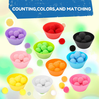 iCraftine 114 PCS Fine Motor Skills Sensory Bin Filler Includes 10 Sorting Bowls, 100 Pom Poms, 2 Tweezers, 2 Scooper Scissors for Kids Early Education, Counting Sorting Training Development