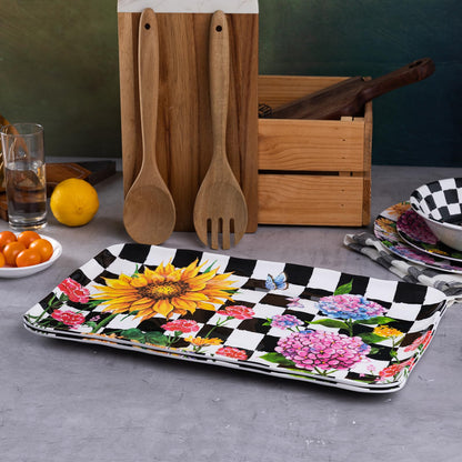 LEHAHA Rectangular Melamine Sunflower Serving Tray, 2-Piece Hydrangea Serving Platter Set, 17.5" x 10" Colorful Trays/Platters Sets for Outdoor and Indoor Dining and Entertaining Parties,Black Plaid