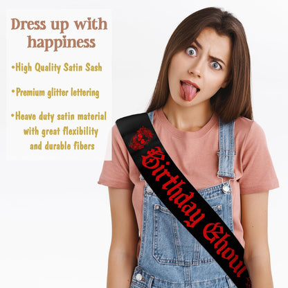 JXYCBZYing Black Birthday Ghoul Sash with Red Gothic Letters, Halloween Ghouls Night Out Sash, Ghost, Spooky, Emo Bday, Happy Boo Day Accessories, Decorations Ideas, Gifts, Jokes and Favors