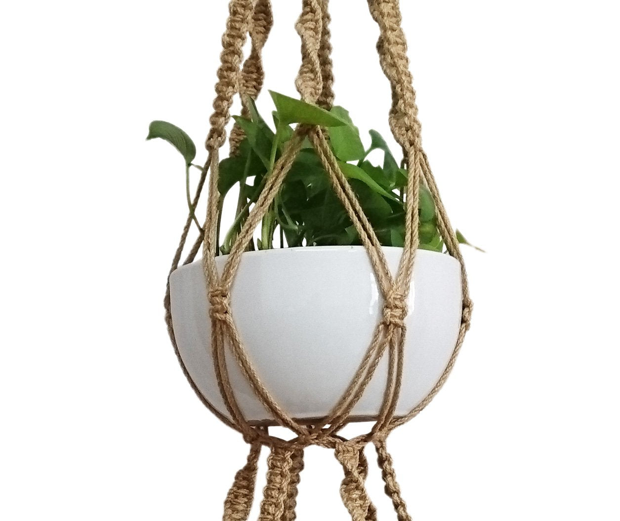 6 Legs Macrame Plant Hanger Natural Hemp Rope Plant Hangers with 12 pcs Round Wood Bead, 65-inches Length for 10" Pot (Without White Pot and Plant) (Brown)