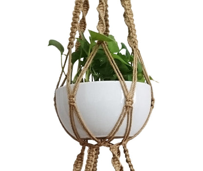6 Legs Macrame Plant Hanger Natural Hemp Rope Plant Hangers with 12 pcs Round Wood Bead, 65-inches Length for 10" Pot (Without White Pot and Plant) (Brown)