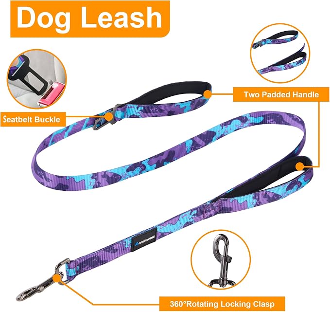 Annchwool No Pull Dog Harness,Heavy Duty Collar & Leash Set-Leash with Double Handle & Car Seatbelt Clip-Easy Control for Walking Training Medium Large Size Dogs(Camo Purple,S)