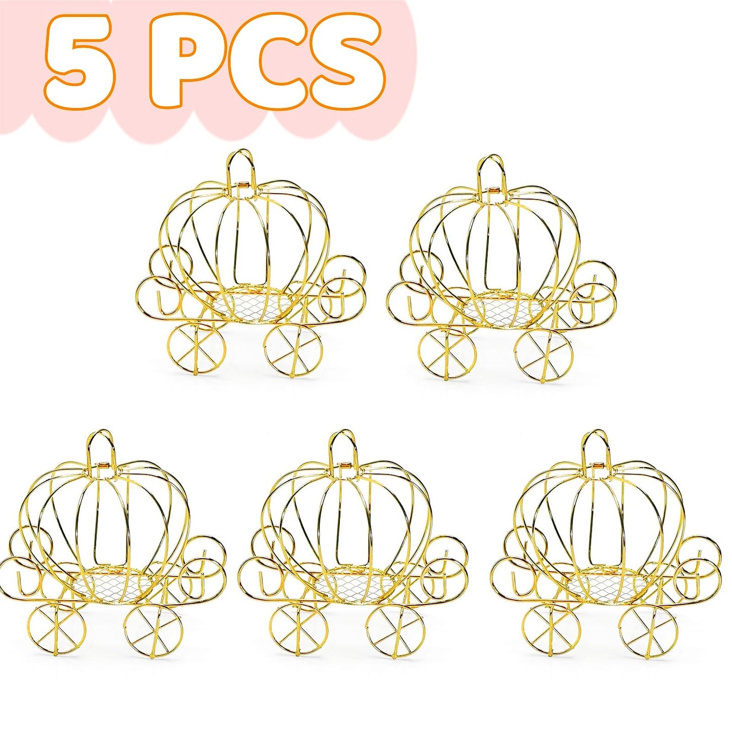 Haokixin 5Pcs Cinderella Carriage Centerpiece, Princess Carriage Candy Box, Halloween Pumpkin Candy Holder, Plated Pumpkin Carriage Decor for Tables Birthday Wedding Party Decorations