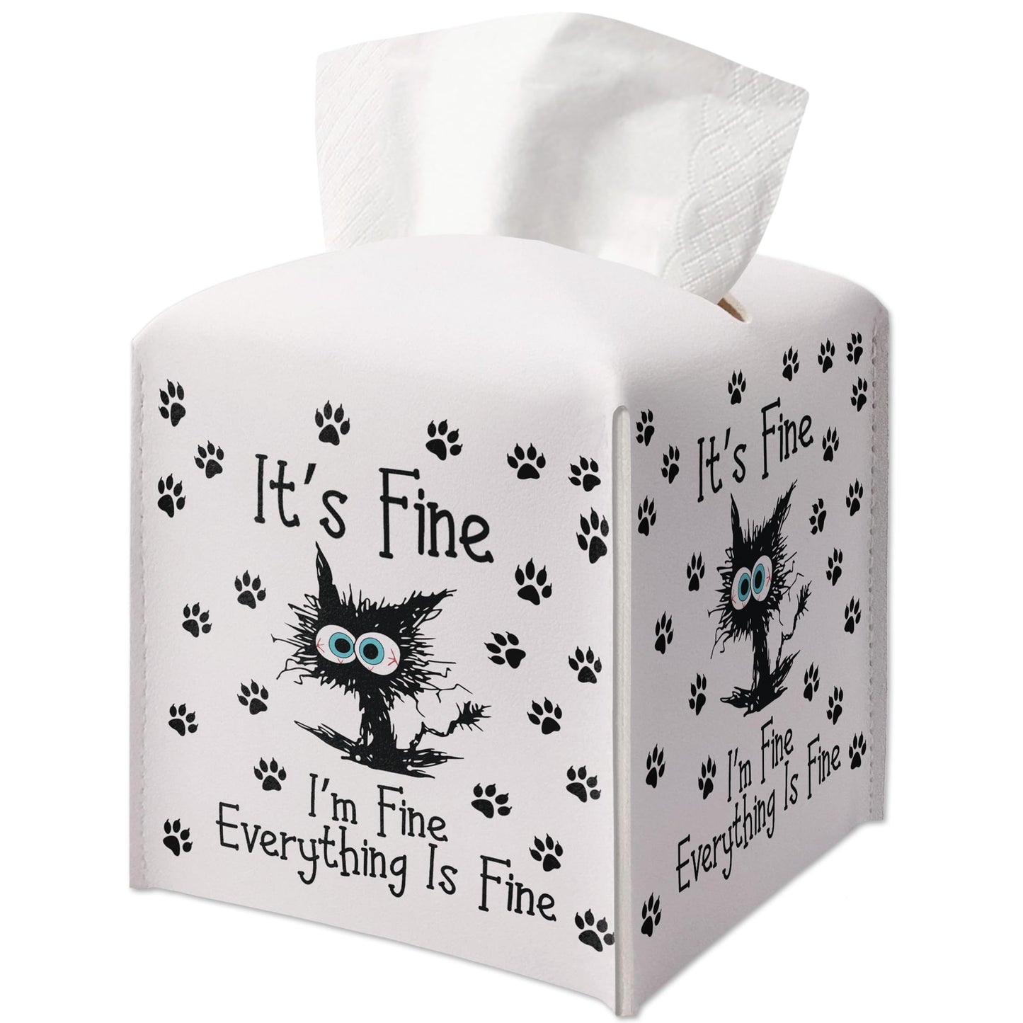 Little Cat Tissue Box Cover Square, Leather Tissue Box Cover Holder with Belt Bottom, Inspirational Quote Gift Ideas for Friends, It's Fine Desk Decor for Bathroom Office-(5.2 Inches) A31