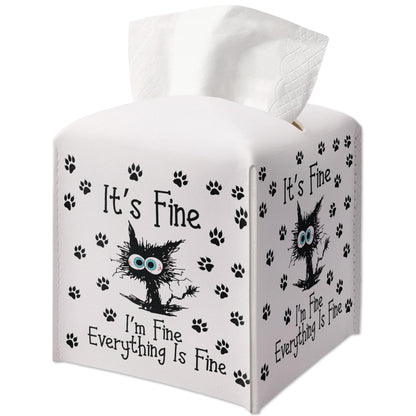 Little Cat Tissue Box Cover Square, Leather Tissue Box Cover Holder with Belt Bottom, Inspirational Quote Gift Ideas for Friends, It's Fine Desk Decor for Bathroom Office-(5.2 Inches) A31