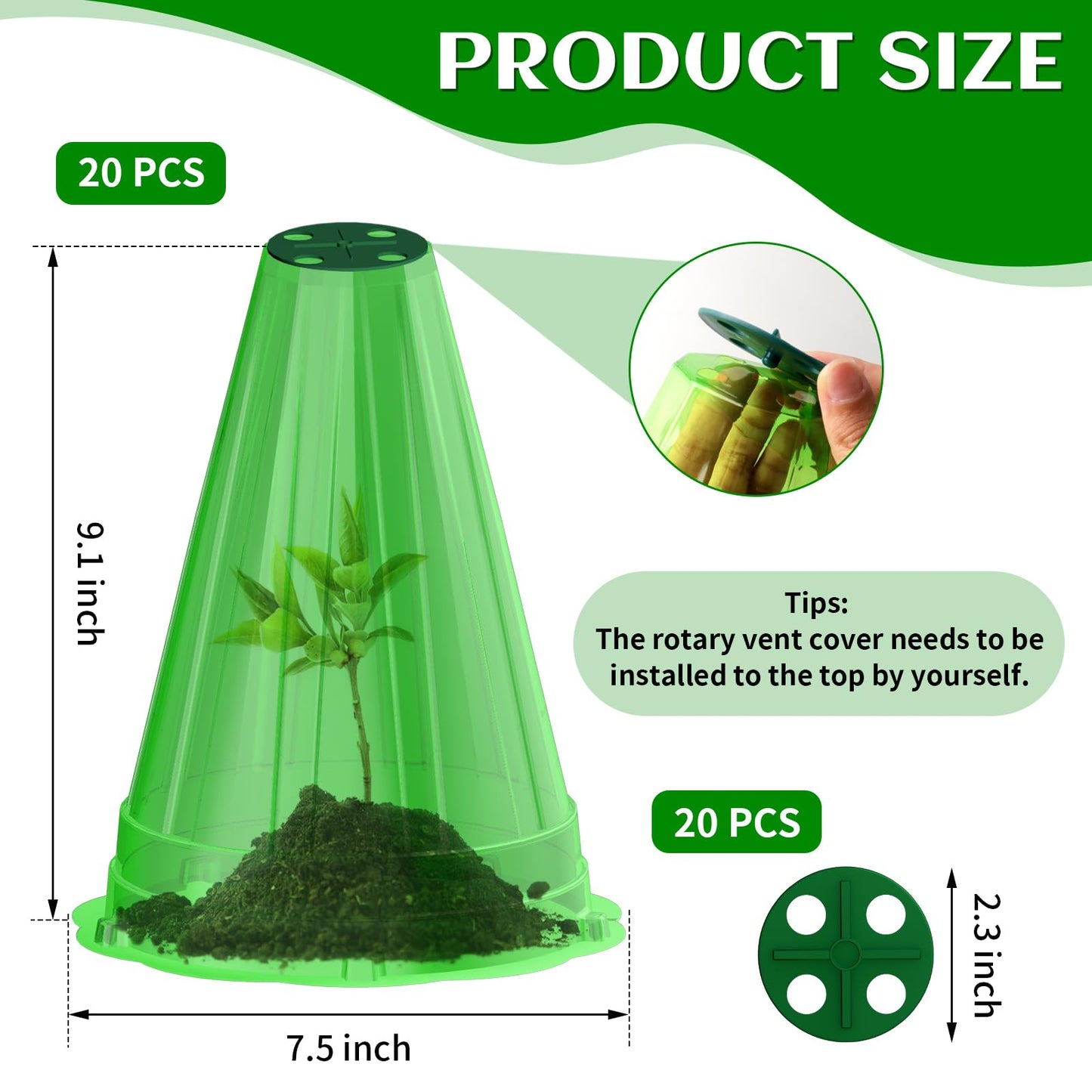 Webuys Garden Cloches for Plants, 20 Pack Garden Cloche with Rotary Vent, Reusable Bell Plant Covers, Plant Cloche Protectors from Animals Snails Birds Chickens, 7.9" H X 6.7" D (Green)
