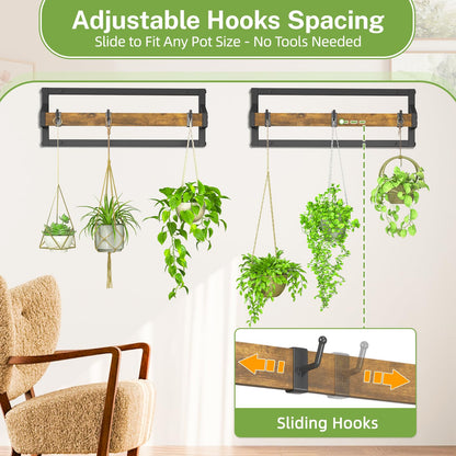 iDavosic.ly Plant Hanger Indoor Set of 2 for Wall & Ceiling, Metal and Wood Hanging Rod with 6 Hooks, Floating Flower Display Shelf for Window, Space Saving (Pots/Chains/Plants Not Included)