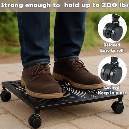 1-Pack 12 Inches Square Metal Plant Caddy with Wheels Heavy Duty Large Rolling Plant Stand Indoor Outdoor Wheeled Planter Dolly Cart with Lockable Casters Flower Pot Mover Roller Trolley, Black
