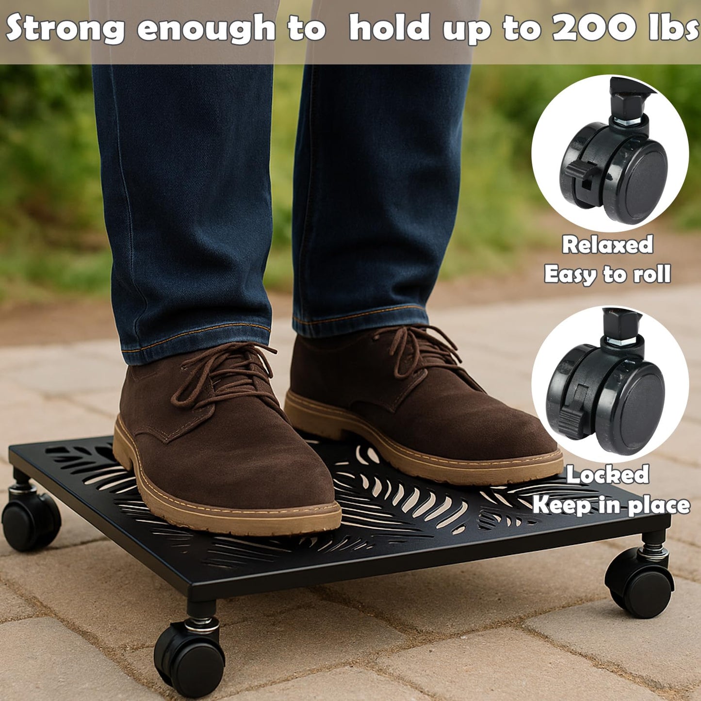 1-pack 13.5 Inches Square Metal Plant Caddy with Wheels Heavy Duty Large Rolling Plant Stand Indoor Outdoor Wheeled Planter Dolly Cart with Lockable Casters Flower Pot Mover Roller Trolley, Black