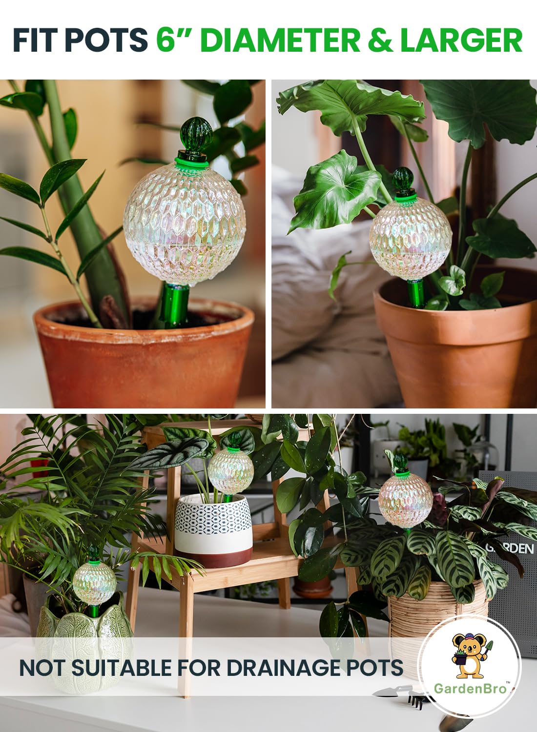 3pcs 16 Oz Plant Watering Globes for Indoor Plants with Metal Self Watering Planter Insert - Premium XL Glass Hand-Blown Globes - Automatic Plant Waterer Indoor, Gift Idea for Gardeners [3 Globes]