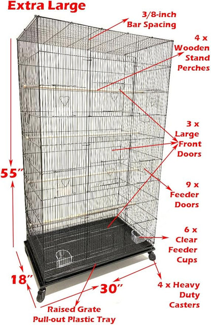 55" X-Large 3/8-Inch Tight Bar Spacing Multiple Flight Bird for Small Size Aviary Budgie Canary Finch Breeding Cage with Removable Rolling Stand