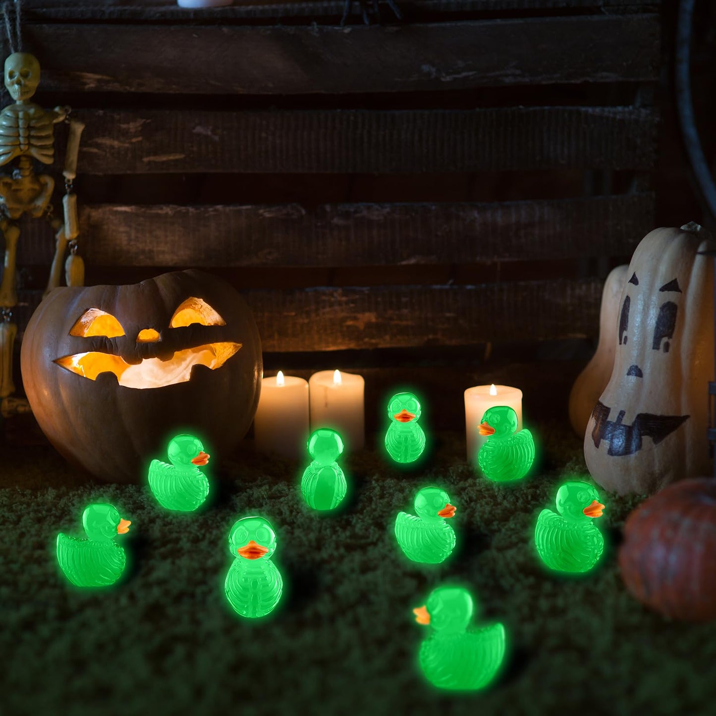Quzzil 80 Pcs Summer Halloween Mini Cruise Duck Luminous Resin Spooky Tiny Skeleton Duck Figurines Glow in The Dark Decor for Party Favor Prank Game Dollhouse Aquarium Potted Miniature Landscape DIY