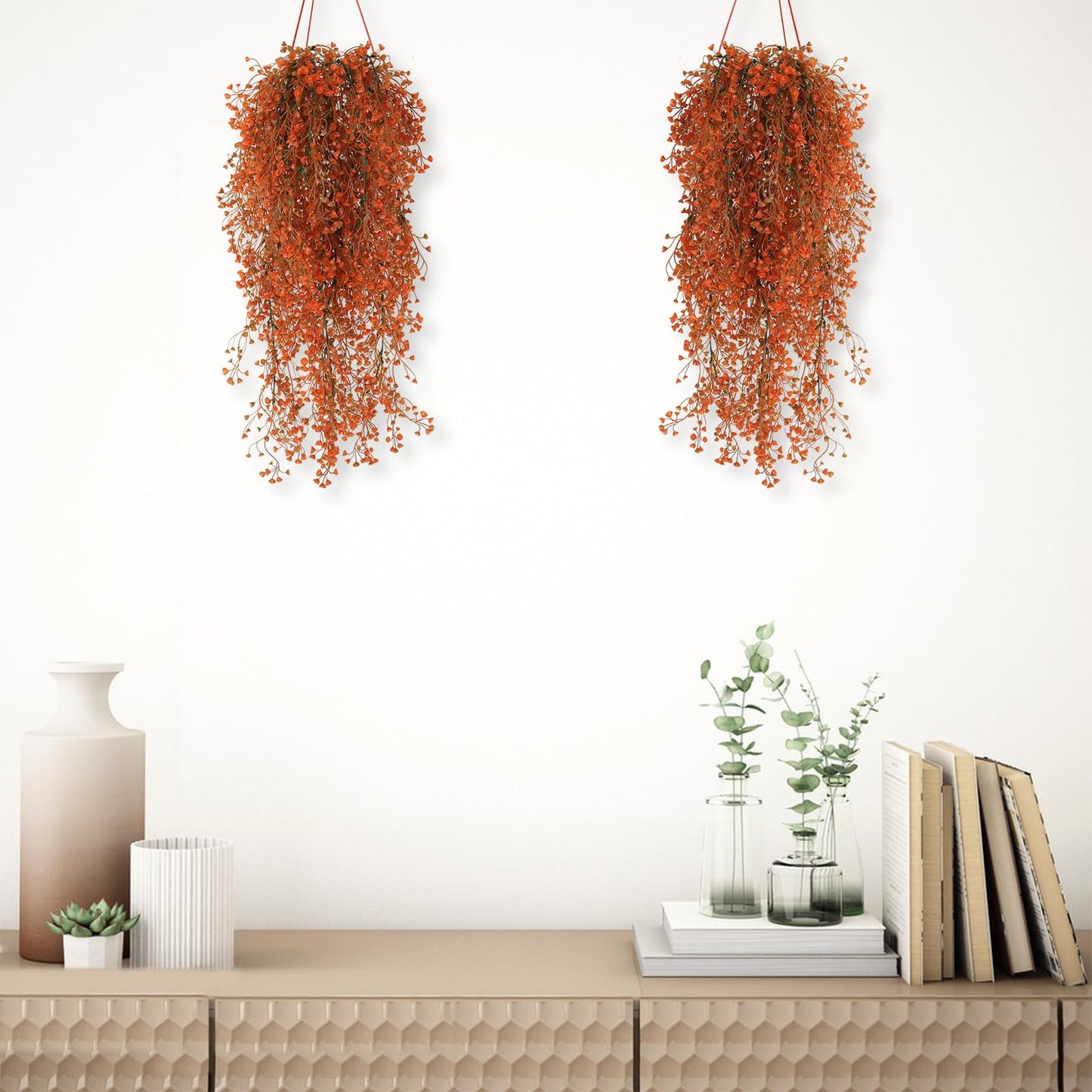 RECUTMS Fall Artificial Hanging Plants 4 Pcs Autumn Fake Ferns Artificial Plants Large Faux Hanging Plant Wall Thanksgiving Room Home Garden Wedding Party Indoor Outdoor Decor(Fall Orange)