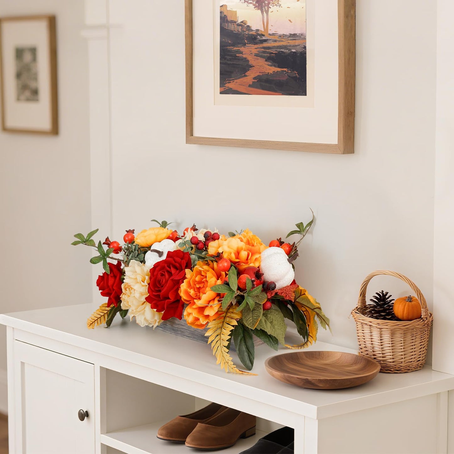 PureCosy Fall Centerpiece for Table, Handmade Realistic Silk Floral Arrangement with Peonies, Roses, Berries & Foam Pumpkins Thanksgiving Centerpiece and Autumn Harvest Table Decor for Dining Table