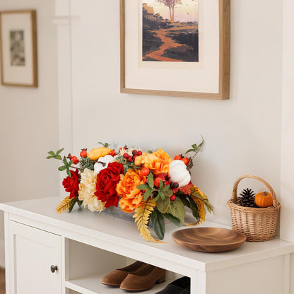 PureCosy Fall Centerpiece for Table, Handmade Realistic Silk Floral Arrangement with Peonies, Roses, Berries & Foam Pumpkins Thanksgiving Centerpiece and Autumn Harvest Table Decor for Dining Table