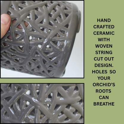 DESQUIGGLE Gray Large Ceramic Orchid Pot with Holes, 6 Inches Wide, for Indoors or Outdoors with Woven String Cut Out Design, Orchid Planters, Orchid Gifts