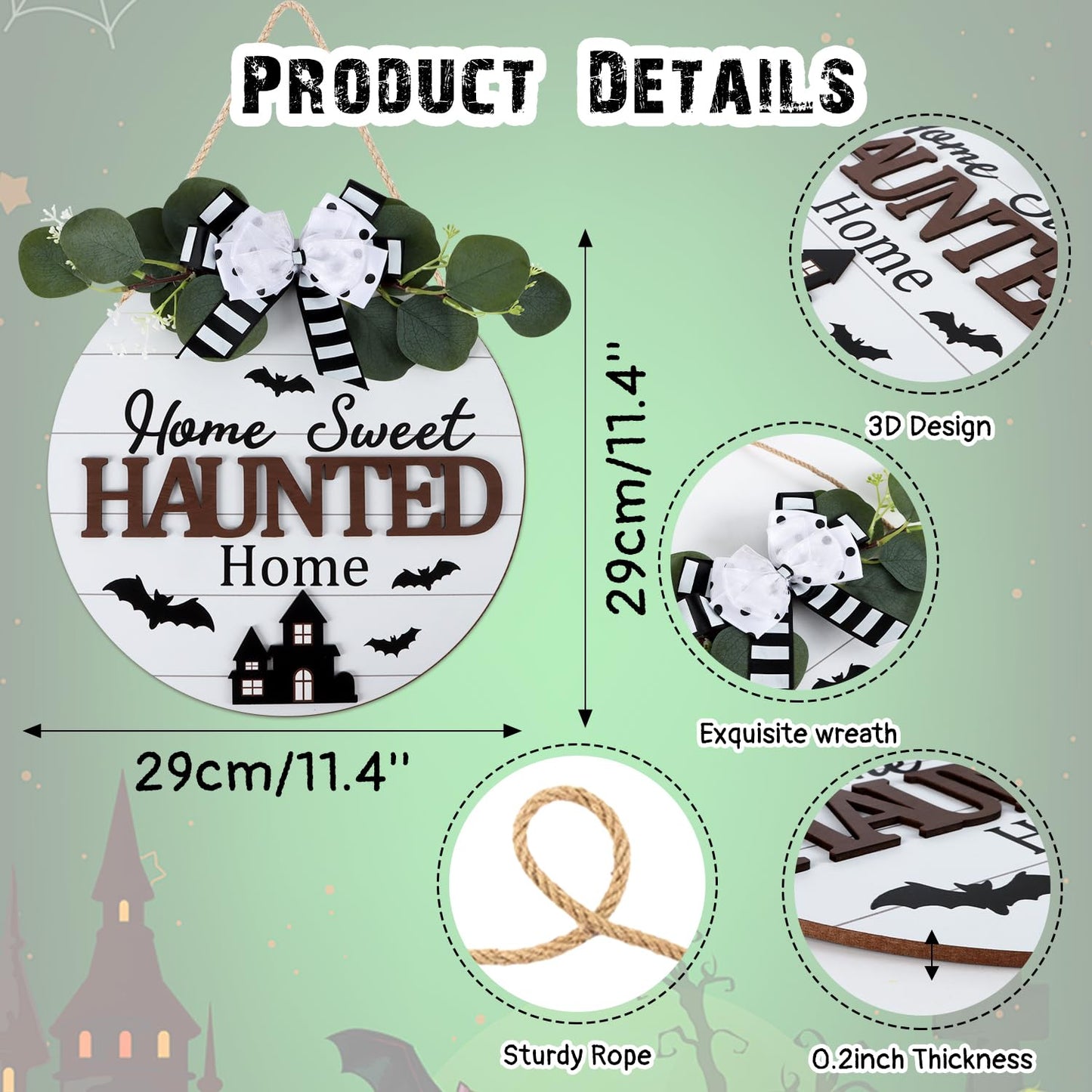 HOURIA Happy Halloween Wreaths Wooden Sign (11.4”x11.4”),3D Home Sweet Haunted Home Door Sign,Rustic Halloween Themed Castle Bat Wall Hanging Sign for Front Door Party Farmhouse Office