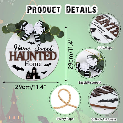 HOURIA Happy Halloween Wreaths Wooden Sign (11.4”x11.4”),3D Home Sweet Haunted Home Door Sign,Rustic Halloween Themed Castle Bat Wall Hanging Sign for Front Door Party Farmhouse Office