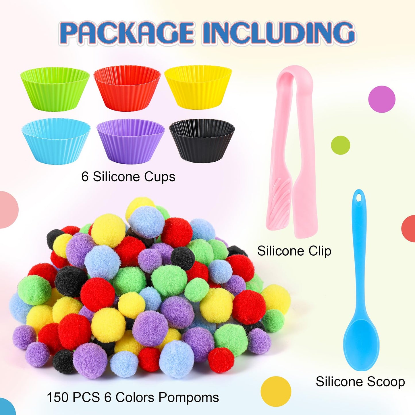 iCraftine 158 PCS Fine Motor Skills Set - 150 Pom Poms, 6 Sorting Bowls, Tweezers, Spoon, Sensory Bin Filler for Preschool Kids Counting, Sorting, Matching Training Activity