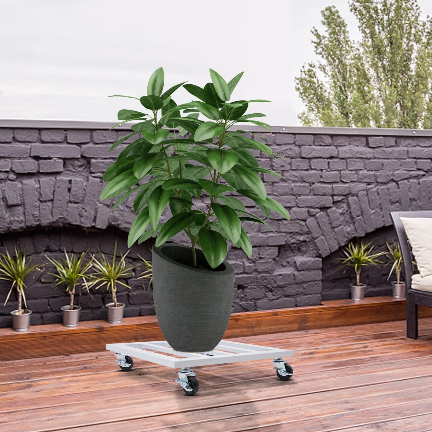 Plant Caddy with Wheels Plant Caddy with Lockable Caster Metal Square Planter Dolly Holds up 150 Lbs Strong Plant Stand for Indoor, Outdoor (White (14 inch))