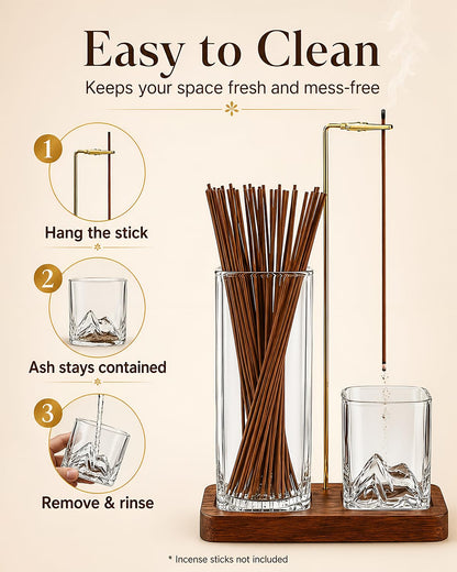 Incense Holder for Sticks, 2 in 1 Glass Incense Burner with Storage, Solid Sapele Wood Base, Removable Mountain Ash Catcher, Vertical Windproof Stand for Outdoor, Meditation (Dark Walnut)