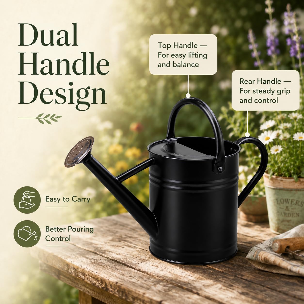 1 Gallon Metal Watering Can for Indoor Outdoor Plants, Galvanized Steel Watering Can with Removable Spout, 2 Stainless Steel Handles, Garden Flower Watering Pot