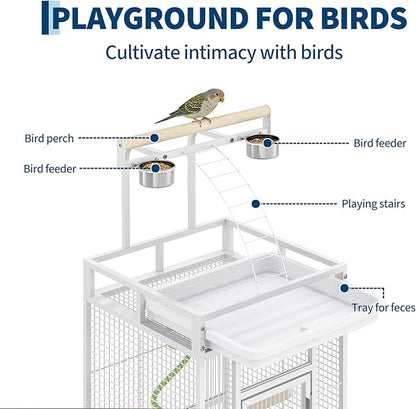 60" h Large Bird Cage, Indoor Parakeet Cage with Playtop, Bird Rope Perche, Heavy Duty Wrought Iron Bird Cage on Wheels for Parrots, Parakeets, Cockatiels, Conures