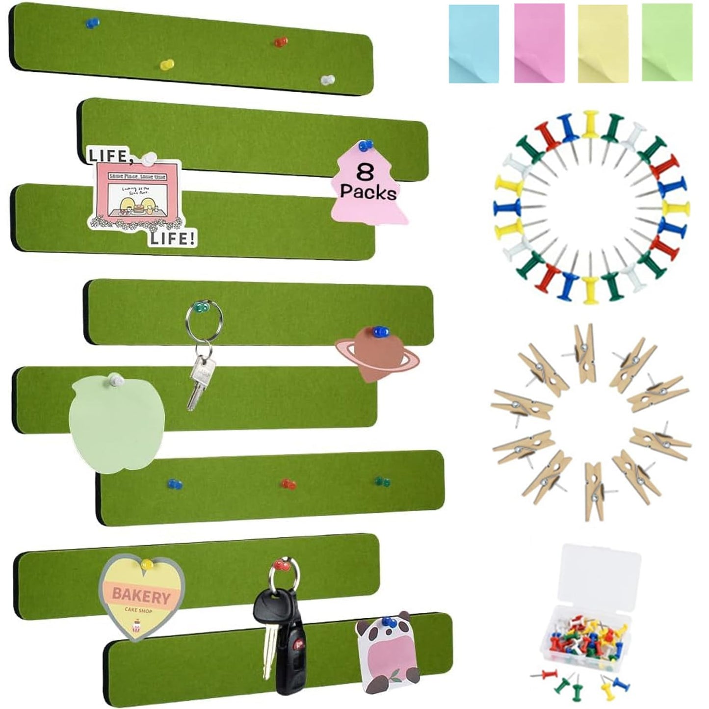 Vuzvuv 8 pcs Bulletin Board Bar Strips with 50 Pushpins & 10 Wooden Clip pins，Self Adhesive Cork Board for Wall，Felt Pin Board for School，Office Decor(Olive Green)