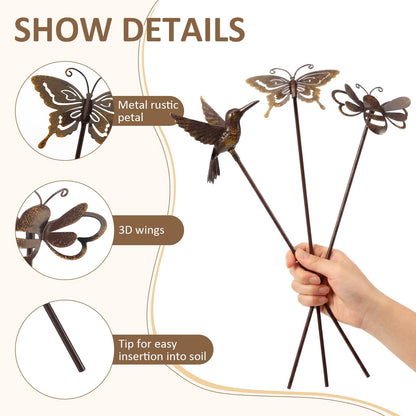 AceOrbit 6 Pcs Rusty Yard Stakes Spring Decor 11.8" Metal Butterfly Hummingbird Bee Stakes Rust Proof Plant Sticks Flowers Bed Decor for Farmhouse Outdoor Yard Lawn Patio Walkway Pathway (Insect)