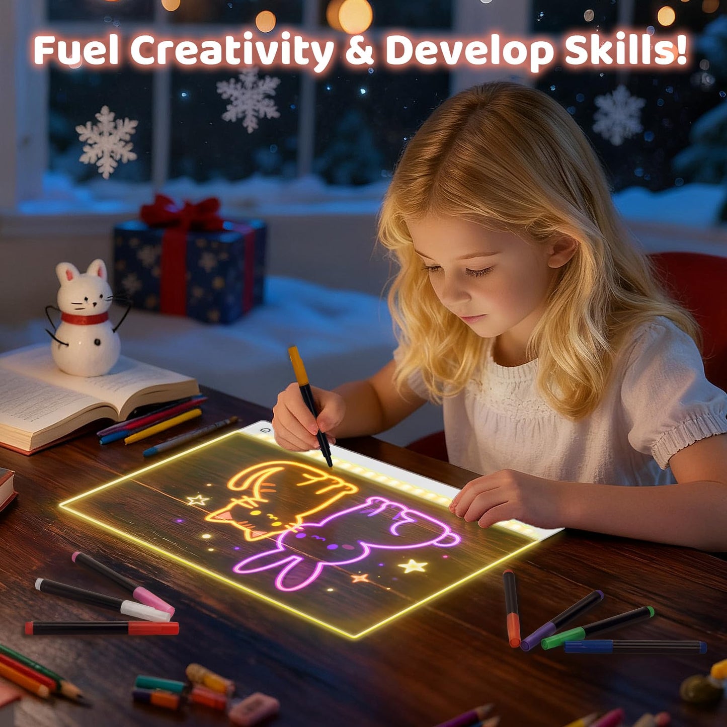 Rechargeable Led Drawing Board for Kids, 11.8*7.9" Dry Erase Board, 4 Modes &7 Colors Glow Doodle Note Board, Include Hanging Chain, 2 Stands, 8 Markers, Spray Bottle, Cleaning Cloth, Kid Girls Gifts